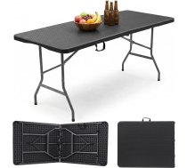 Sekey Bufetes galds saliekams plastmasas | 180 x 74 x 74 cm rotangpalmas dārza galds ar rokturi | Saliekamais galds ballīšu galds dārza terasei un balkonam | Kempinga galds 6 personām (melns)