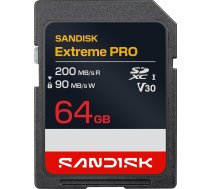 SANDISK Extreme PRO SD UHS-I 64G karte (līdz 200MB/s lasīšanas ātrums un 90MB/s rakstīšanas ātrums, 4K UHD video, U3, V30) Memory Zone lietotne