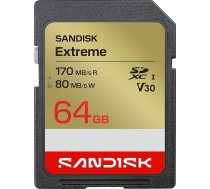 SANDISK Extreme SD UHS-I 64GB karte (līdz 170MB/s lasīšanas ātrums un 80MB/s rakstīšanas ātrums, 4K UHD video, U3, V30) SANDISK Memory Zone lietotne