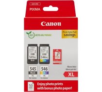 Canon PG-545XL / CL-546XL augstas ražības oriģinālās tintes kasetnes, 2 eksemplāru iepakojums (krāsainas un melnas); komplektā ietilpst 50 loksnes 4x6 Canon fotopapīra - drošības kartona daudzpakete