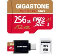 [5 gadu bezmaksas datu atjaunošana] GIGASTONE 256GB Micro SD karte ar USB 3.2 C tipa karšu lasītāju, 4K Camera Pro MAX, līdz 130/85MB/s, A2 V30 MicroSDXC atmiņas karte GoPro, 4K UHD video