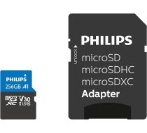 Philips Ultra Pro microSDXC karte 256 GB + SD adapteris UHS-I U3, nolasīšanas ātrums līdz 100 MB/s, A1 ātrdarbība, V30, atmiņas karte viedtālruņiem, planšetdatoriem, datoriem, karšu lasītājs, 4K UHD video