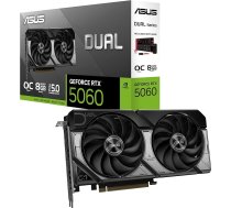 ASUS Dual GeForce RTX 5060 8GB OC Edition GDDR7 spēļu grafiskā karte (Nvidia GeForce RTX5060 DLSS 4, 2,5 slotu konstrukcija, PCIe 5.0, 3x DisplayPort 2.1b, 1x HDMI 2.1b, DUAL-RTX5060-O8G)