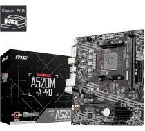 MSI A520M-A PRO Gaming pamatplate (AMD AM4, DDR4, PCIe 3.0, SATA 6 Gb/s, M.2, USB 3.2 Gen 1, DVI/HDMI, Micro-ATX)