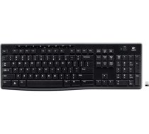 Logitech K270 bezvadu tastatūra, 2,4 GHz savienojums, izmantojot Unifying USB uztvērēju, 8 multivides un īsceļu taustiņi, noturīga pret šļakatām, 2 gadu akumulatora darbības laiks, starptautisks QWERTY izkārtojums.