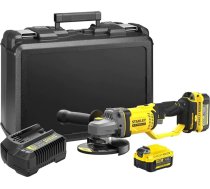 Stanley FatMax 18 V akumulatora leņķa slīpmašīna SFMCG400M2K (4,0 Ah, 125 mm diska diametrs, visiem standarta separācijas, slīpēšanas un rupjas slīpēšanas darbiem, 3 pozīciju otrais rokturis, komplektā 2 akumulatori, lādētājs)