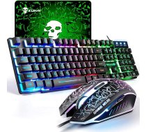 Tastatūras un peles komplekts, Apvienotās Karalistes izkārtojuma ergonomiska spēļu tastatūra ar varavīksnes aizmugurējo apgaismojumu + 2400 DPI 6 optiskie taustiņi, spēļu pele USB, varavīksnes LED + bezmaksas peles paliktnis