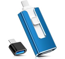 4-in-1 USB zibatmiņas diskdziņš 128 GB ar USB-C apgaismojumu, Micro USB un USB 3.0, MFi sertificēts zibatmiņas diskdziņš, saderīgs ar iPhone, iPad, Android un datoru, ārējā krātuve fotogrāfijām, video un mūzikai, zils