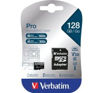 Verbatim Pro U3 Micro SDXC atmiņas karte ar adapteri, 128 GB, datu glabāšana 4K Ultra HD video ierakstīšanai, Micro SD karte melnā krāsā, ideāli piemērota sporta kamerām, videokamerām, viedtālruņiem un planšetdatoriem