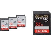 SanDisk Ultra SDHC UHS-I 32 GB atmiņas karte 3 iepakojumā un Extreme PRO SDHC UHS-I 32 GB atmiņas karte (V30, pārraides ātrums 100 MB/s, U3, 4K UHD video, temperatūras izturība)
