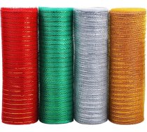 Jomnvo 4 ruļļi 10 collas x 10 jardas Ziemassvētku poliestera tīkla lenta Dekoratīva poliestera tīkla metāla folija Dekoratīva tīkla lenta Ziemassvētku vainagiem Dāvanu iesaiņošanai (sarkana, zaļa, zelta, sudraba)