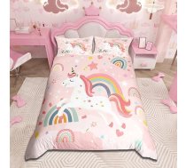 Loussiesd Vienradzis gultas veļas komplekts 135 x 200 cm Meitenēm Cute Rainbow Unicorn sega bērnu gultām Multfilmu rozā zvaigzne Sapņains gultas veļas komplekts Mīksts, elpojošs