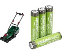 Theo Klein Bosch Rotak zāles pļāvējs, gaismas un skaņas efekti, 3+ gadi, un AAA baterijas Amazon Basics 4 gab. iepakojums, 850 mAh