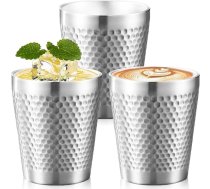 3 nerūsējošā tērauda krūzes, 300 ml, ar dubultām sienām, saliekamas, izolētas metāla, ar āmura rakstu, kempinga krūzes bez roktura, nešķīstamas dzēriena krūzes, karstumizturīgas, trauku mazgājamā mašīnā mazgājamas, piemērotas alus