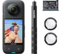 Insta360 X3 sākuma komplekts – ūdensizturīga 360° darbības kamera ar 1/2" sensoru, 5,7K 360°, 72 MP 360° fotogrāfijas, stabilizācija, 2,29" skārienjūtīgais ekrāns, vibrācijas noteikšana