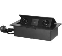 Iebūvētas mēbeļu kontaktligzdas ar plakanu flīzētu malu, USB lādētājs un 1,5 m kabelis, 2x2P+Z, 2xUSB (A+C tips; 3,6A), melns
