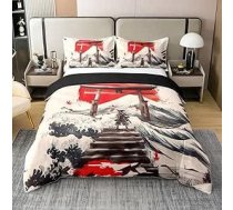 Loussiesd Japānas Ukiyoe 100 % kokvilnas gultas veļas komplekts 135 x 200 cm bērniem, zēniem, meitenēm Japānas stila gultas Japāna Samurai sega Sarkans saulriets Jūras viļņi gultas veļas komplekts