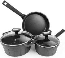 5 gab. katlu komplekts, ieskaitot pannas visām plītīm, tostarp 20 cm / 2,5 l katls un 16 cm / 1,5 l panna ar stikla vāku, 24 cm panna, nesadalāms pārklājums (nesatur PFOS, PFOA)