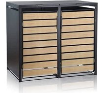 Zelsius atkritumu urnu kastes uz riteņiem 2 atkritumu urnu uz riteņiem komplekts (W) 132 x (D) 80 x (H) 117 cm Antracīts RAL7016 Durvis koka izskatā ar pagarinājuma iespēju Atkritumu urnu kastes vāks Dārza atkritumu urnu kaste Atkritumu māja