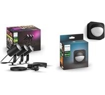 Philips Hue White and Color Ambiance Lily LED dārza prožektori, 3 komplekti, pamatkomplekts, saderīgi ar Amazon Alexa (Echo, Echo Dot) + kustības sensors izmantošanai ārā, integrēts dienas gaismas sensors, melns