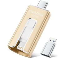 USB zibatmiņas karte 256 GB iPhone, MFi sertificēta USB-C un Lightning zibatmiņas karte, 3-in-1 atmiņas karte iPhone/iPad/Android/PC, USB 3.0 foto zibatmiņas karte, ātra foto un video pārsūtīšana, zelta krāsā