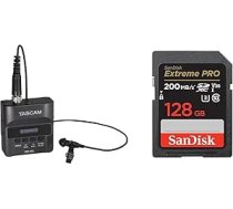 Tascam DR-10L digitālais audio ierakstītājs ar Lavalier mikrofonu, melns & SanDisk Extreme PRO SDXC UHS-I atmiņas karte 128GB V30, pārraides ātrums 200MB/s