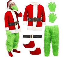 Pieaugušo Green Monster 7 gabali Ziemassvētku Elf Santa kažokādas maska apģērbs cimdi cepure Deluxe Ziemassvētku kostīms Cosplay Suit