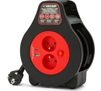 Velamp elektriskā kabeļa spole 7 metri - 2 franču ligzdas 2P+T + USB ports - kabelis 1,0 mm², karstumizturīgs, kompakts korpuss lietošanai telpās