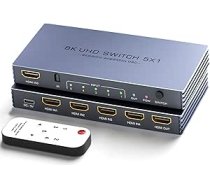 HDMI slēdzis 4K 240Hz - jauns, modernizēts 5 in 1 Out 8K @ 60Hz 4K @ 240Hz 4K @ 120Hz HDMI slēdzis ar tālvadības pulti Atbalsta 3D/HDR/HDCP2.3, saderīgs ar PS5/4 Xbox Nintendo Switch Roku Apple TV Fire