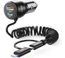 Cigarešu aizdedzinātāja USB C, 110 W 65 W + 45 W 12 V USB auto lādētājs ar 1,5 m ātrās lādēšanas spirālveida C tipa adaptera L kabeļa auto lādētāju iPhone 16 15 14 Samsung iPad Pro Airpods Android