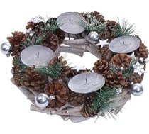 Adventes vainags HWC-M15, Adventes kompozīcija, Adventes vainags, Ziemassvētku rotājums, Galda rotājums, Koka MVG, Sudraba krāsā, Diametrs 32 cm, bez svecēm
