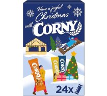 Corny Adventa kalendārs 2025, Ziemassvētku kalendārs ar 24 dažādu veidu graudaugu batoniņiem, krāsains pārsteigums Adventa laikā, salds dāvinājums Ziemassvētkos, brīvdienās un ziemā