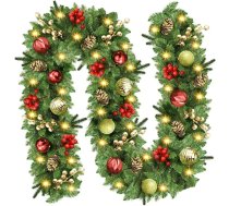 Ziemassvētku virtene ar apgaismojumu, 9 pēdu Ziemassvētku virtene, 30 LED egļu virtene, Mākslīgais Ziemassvētku vainags, Ziemassvētku rotājumu virtene durvīm, arkām, kāpnēm, ārtelpām, kamīnam, ārdurvīm