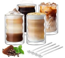 4 Latte Macchiato glāžu komplekts Divsienu 350 ml spirālveida borosilikāta stikla krūzes Termiskās glāzes Divsienu ar 4 karotītēm Kristāldzidras kafijas glāzes Kapučīno glāzes Espresso glāzes