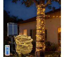 10 m Saules virves pasaku gaismas ar 200 LED diodēm, saules kaņepju virves pasaku gaismas ar 8 apgaismojuma režīmiem, regulējams taimeris, ūdensizturīgs dārza terases balkona šūpoļu stumbra dekoram