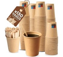 VERUPORE Vienreizlietojamie kafijas tasītes 210 ml ar koka nūjiņām 150 BPA-Free Kraft kartona papīra tasītes Termiskās krūzes Videi draudzīgas un izturīgas pret augstu temperatūru