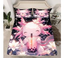 Axolotl Karikatūra Salamandrs Piena tēja Ziedu rozā melna dziļa kabatas gultas komplekts Kawaii romantisks matrača pārvalks vienvietīgs ar 1 spilvendrānu pārklāju