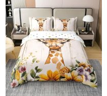 Homewish Žirafe Bērnu gultas veļa 135 x 200 cm kokvilnas akvareļu karikatūra Zoo dzīvnieku sega pārklājs gudrs meitenēm zēni dzeltens estētisks ziedu gultas komplekts ar 1 spilvendrānu koka dēļu dekors mīksts