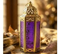 Zelta marokāņu sveču laterna, dekoratīva sveces turētāja lampa galdam vai karājas ramadāna patio vai āra lieveņa kāzām Violeta stikla vidējais