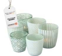 6 x tējas gaismas turētāji, tējas gaismas turētāji, 6 tējas gaismas turētāju komplekts, 3 dizaini, 2 izmēri, augstums 6,5/8,5 cm, zaļš/balts, tējas gaismas glāzes, laternas, dekoratīvs stikls svecēm un tējas lampām, galda lampas, sveču