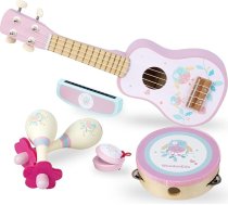 Meiteņu bērnu ģitāra, koka mūzikas instrumentu rotaļlieta ar ukuleli, tamburīnu, marakas, mutes harmoniku, mini orķestra komplekts mazuļiem vecumā no 2 līdz 3 gadiem, dzimšanas dienas dāvana (rozā)