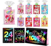 Dāvaniņas bērniem: 24 gab. komplekts, Valentīna dienas „Rainbow Scratch Art“ piezīmju grāmatiņas – skolas ballīšu piederumi lielā iepakojumā meitenēm un zēniem, dāvanu maisiņi