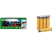 BRIO World 33884 Akumulatora tvaika lokomotīve ar ūdens tvertni – lokomotīve ar īstu, vēsinošu tvaiku un ūdens tvertni – no 3 gadu vecuma, kā arī Amazon Basics AAA sārmu baterijas, jaudīgas, 1,5 V, 8 gab. iepakojumā