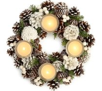COM-FOUR® Ziemassvētku galda vainags, balts adventes vainags ar čiekuriem, dekoratīvs vainags ar 4 tējas gaismas turētājiem, Ziemassvētku vainags ar sveču turētāju (Adventes vainags L)