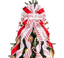 Ziemassvētku eglīte Topper Bow Ziemassvētku vainags Bow 45 x 13 collu liels Burlap ar baltu sarkanu sarkanu poliestera malu Dāvanu Bow Ziemassvētku eglītes apdare Ziemassvētku mājas iekštelpu apdare Ziemassvētki