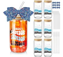 Hushee 6 iepakojuma stikla ūdens pudele ar vāciņiem salmiņi Glitter Bow Straw Topper Senior 2025 izlaiduma dāvana sievietēm Komandas treneris Blue