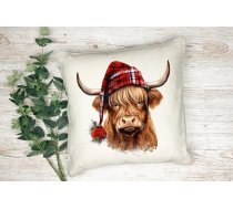 Ziemassvētku akvareļu apdrukāts spilvena pārvalks 40x40cm lina stils Highland Cow 1