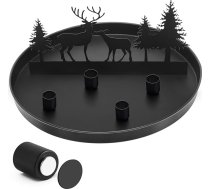 Magnētiskais adventes sveču paplātes diametrs 30 cm ar 4 magnētiskajiem metāla sveču turētājiem Ziemassvētku sveces turētājs Adventes vainags Dekoratīvais paplātes Svētku dienas sveču statīvs Melns ziemeļbriedis mežā