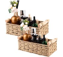 2 uzglabāšanas grozu komplekts Vannas istabas uzglabāšanas grozs, pīts ar koka rokturiem, dekoratīva uzglabāšanas kaste, rotangpalmas grozs, kas izgatavots no austiem, stackable plauktu groziem (30 x 20 x 10 cm / 25 x 15 x 8 cm)