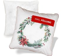 Dekoratīvs spilvens Ziemassvētku vainags, Ziemassvētku spilvens 45 x 45 cm ar pildījumu, vainaga motīvs ar puansetiju, 100% kokvilna, Oeko-Tex, ziemas dekori, vasarnīcu un lauku māju stila rotājums